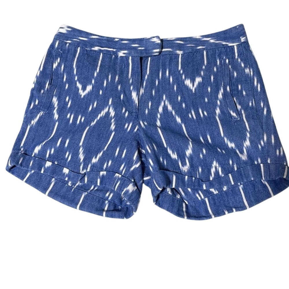 J Crew Blue White Ikat Print Linen Blend Cuffed Shorts Women's Size 2